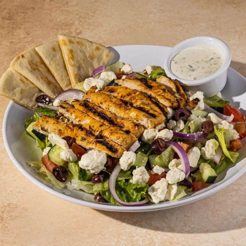 Daphne's Greek Cafe's grilled chicken Greek salad with feta, olives, red onion, pita, and dressing.