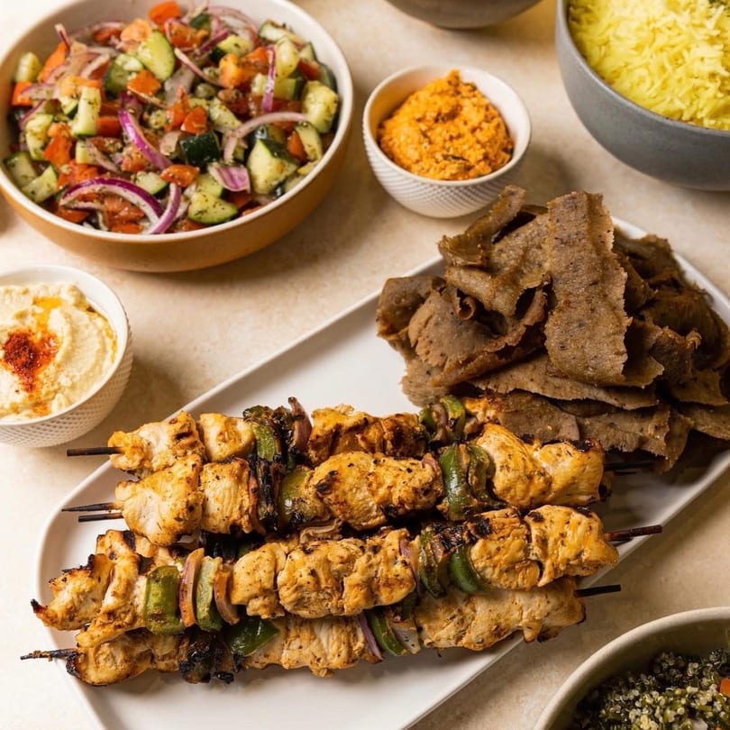 Daphne's Greek Cafe meal with chicken skewers, gyro meat, hummus, rice, and salad.